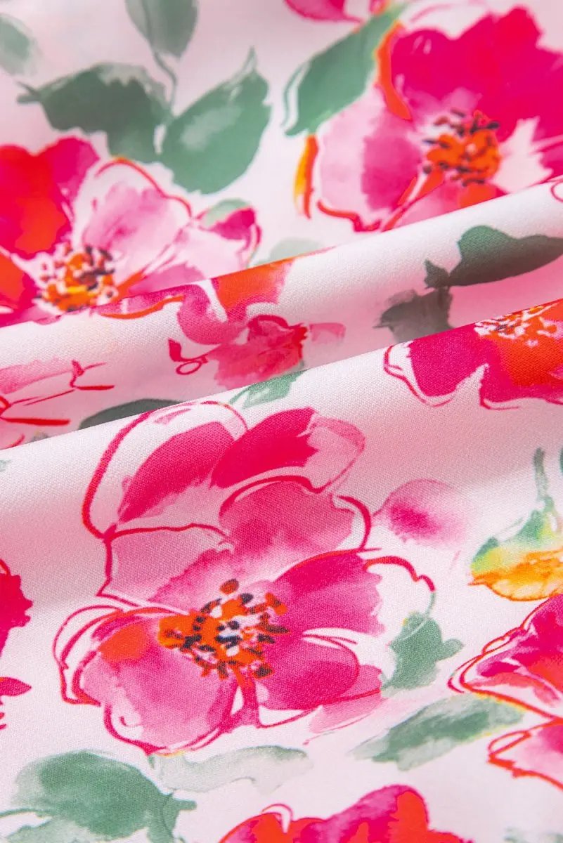 Pink Floral Boxy Fit Ruffled Short Sleeve V Neck Blouse - Love Salve